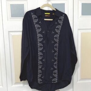 Havana Nines Men Navy Blue Embroidered Linen Blend Long Sleeve Button Up Shirt L